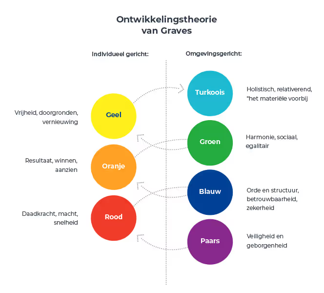 De ontwikkelingstheorie van Graves met zeven waardensystemen in kleuren, individueel en omgevingsgericht